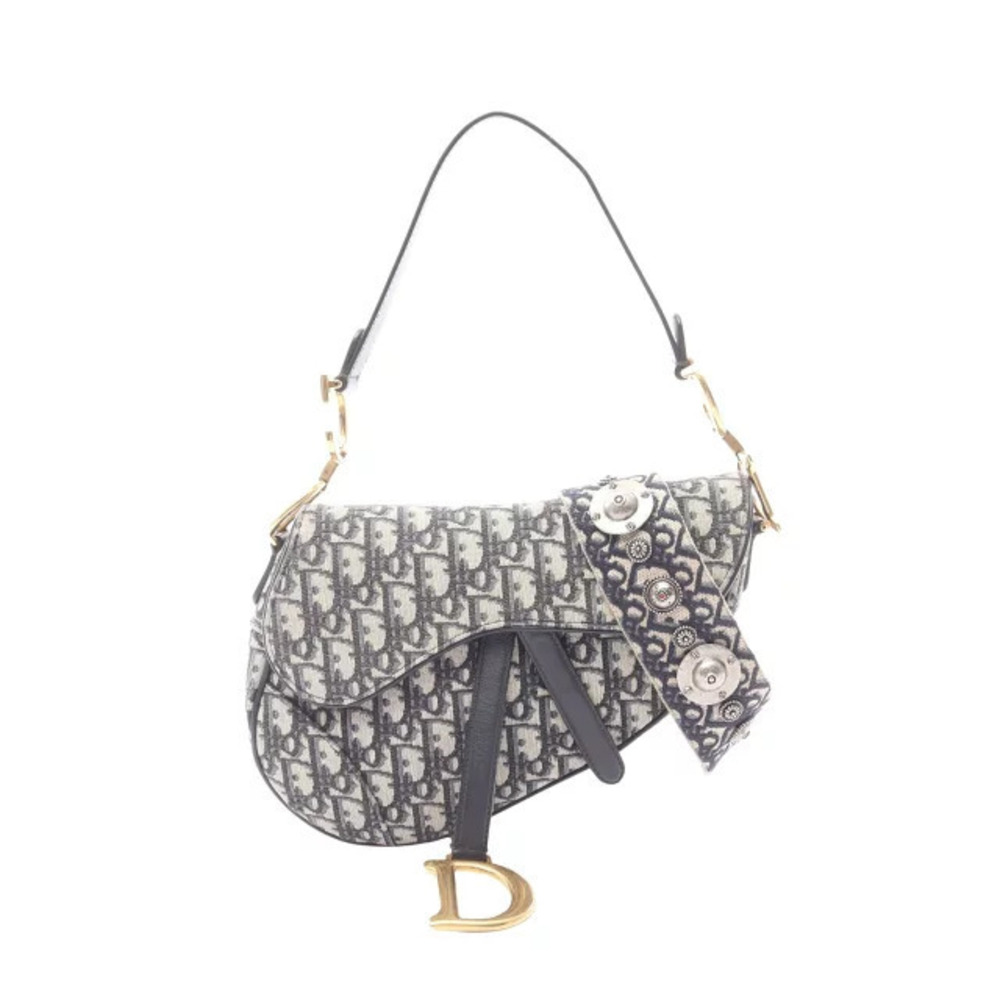 Christian Dior Saddle Bag Oblique Handbag Canvas Leather Beige Cream Navy Blue